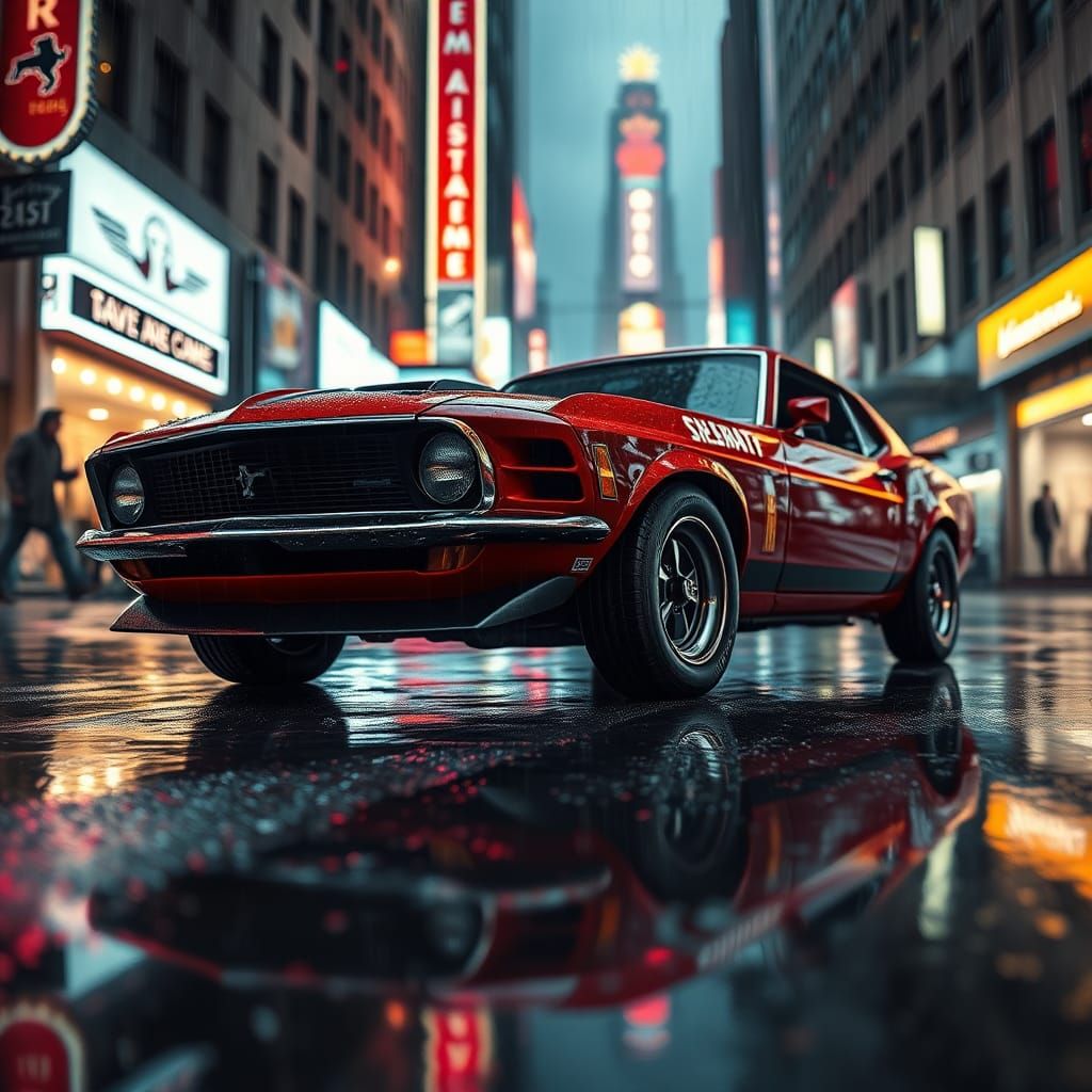 Sleek Mustang Glistening Under Neon Lights