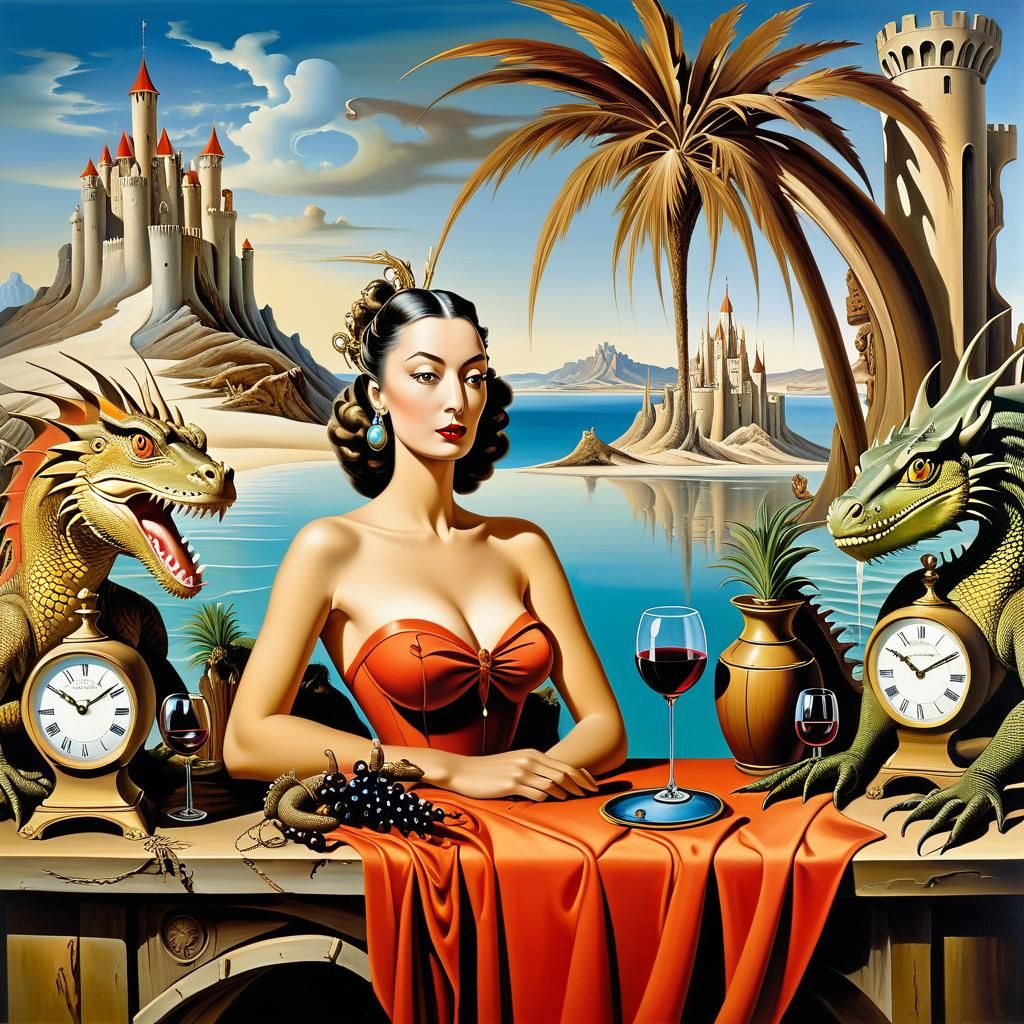 Surreal Woman with Dragons in Dali Style