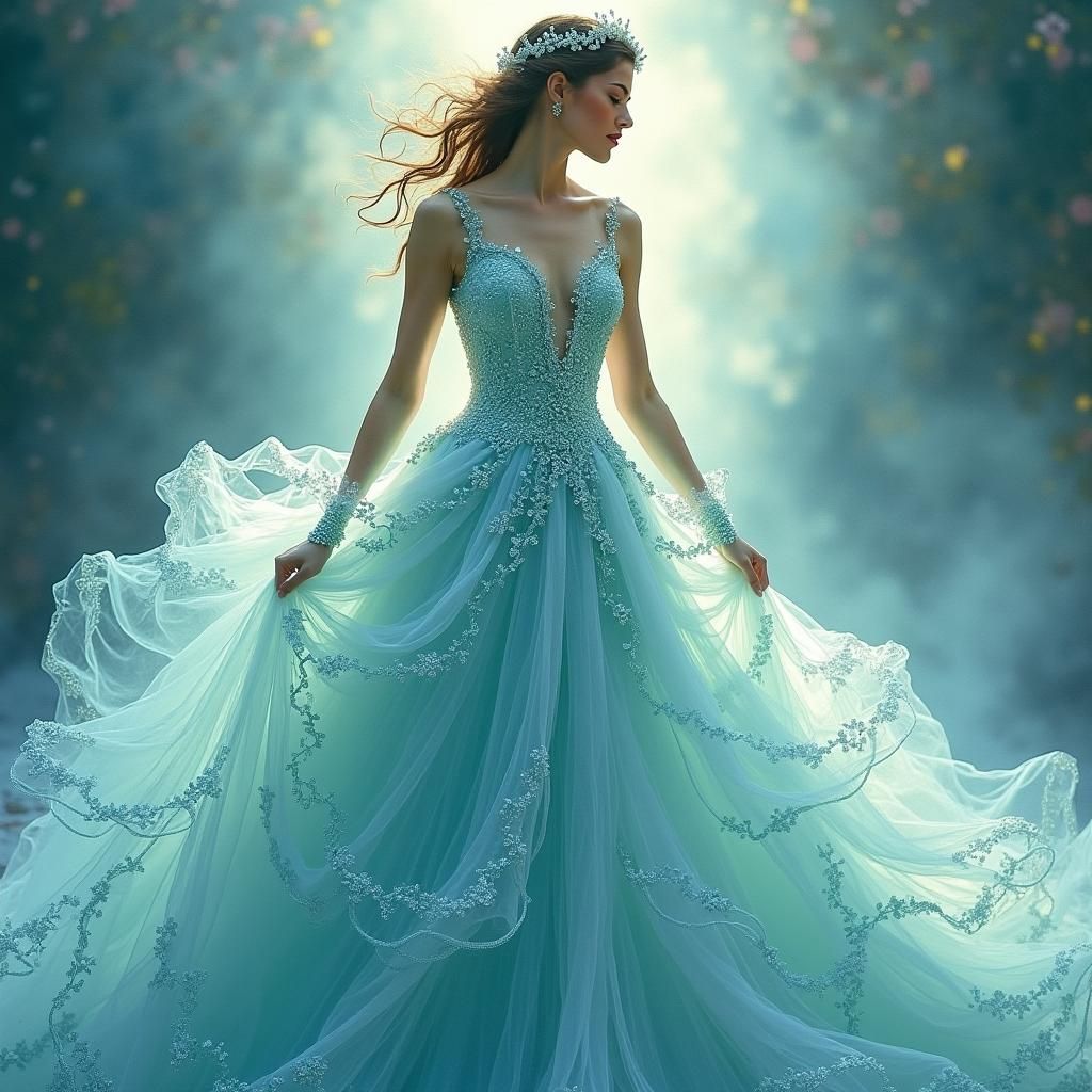 Ethereal Aurora Gown in Dreamy Watercolor Style