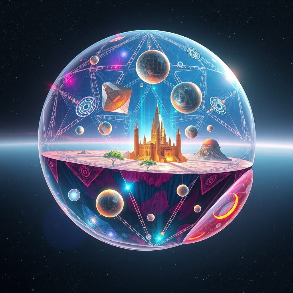 Celestial Palace in a Cosmic Orb with Floating Planets