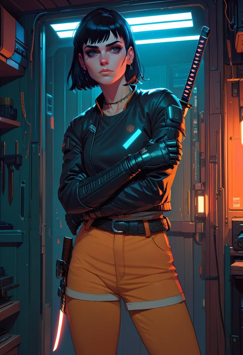 Cyberpunk Woman with Katana in Cabin