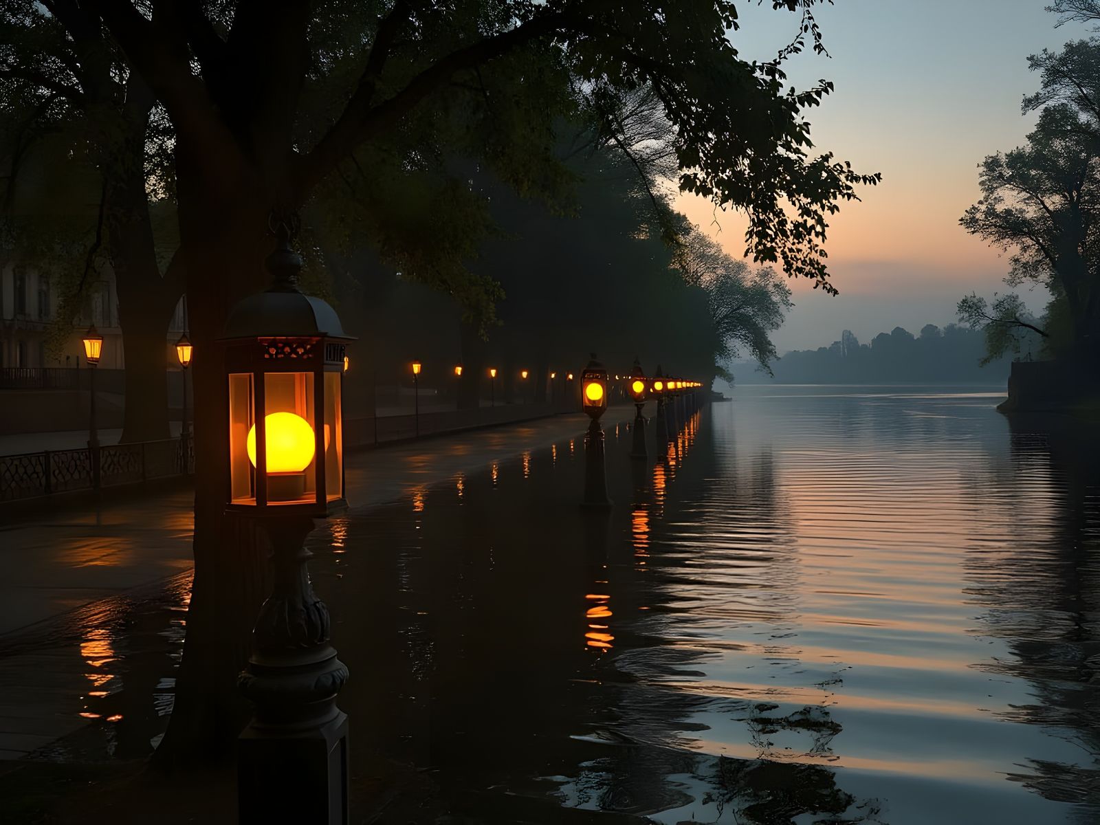 Serene River Embankment at Dusk in Renaissance Style
