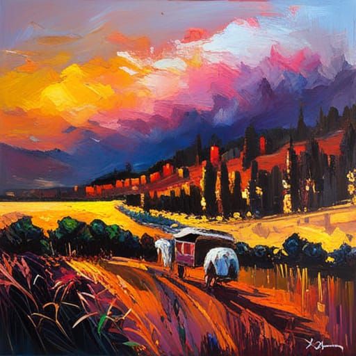 Bohemian Gypsy Caravan Sunset: Neo-Impressionist Oil Paintin...