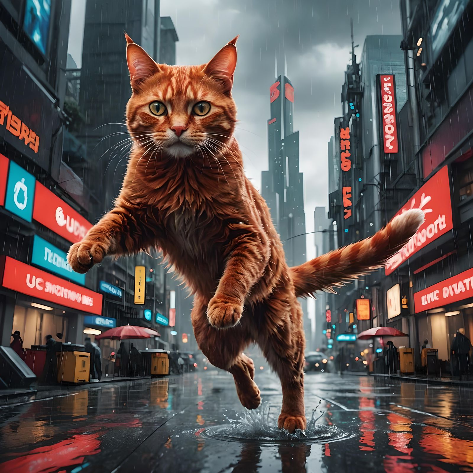 Red Cat Jumps Through Rainy Cyberpunk City
