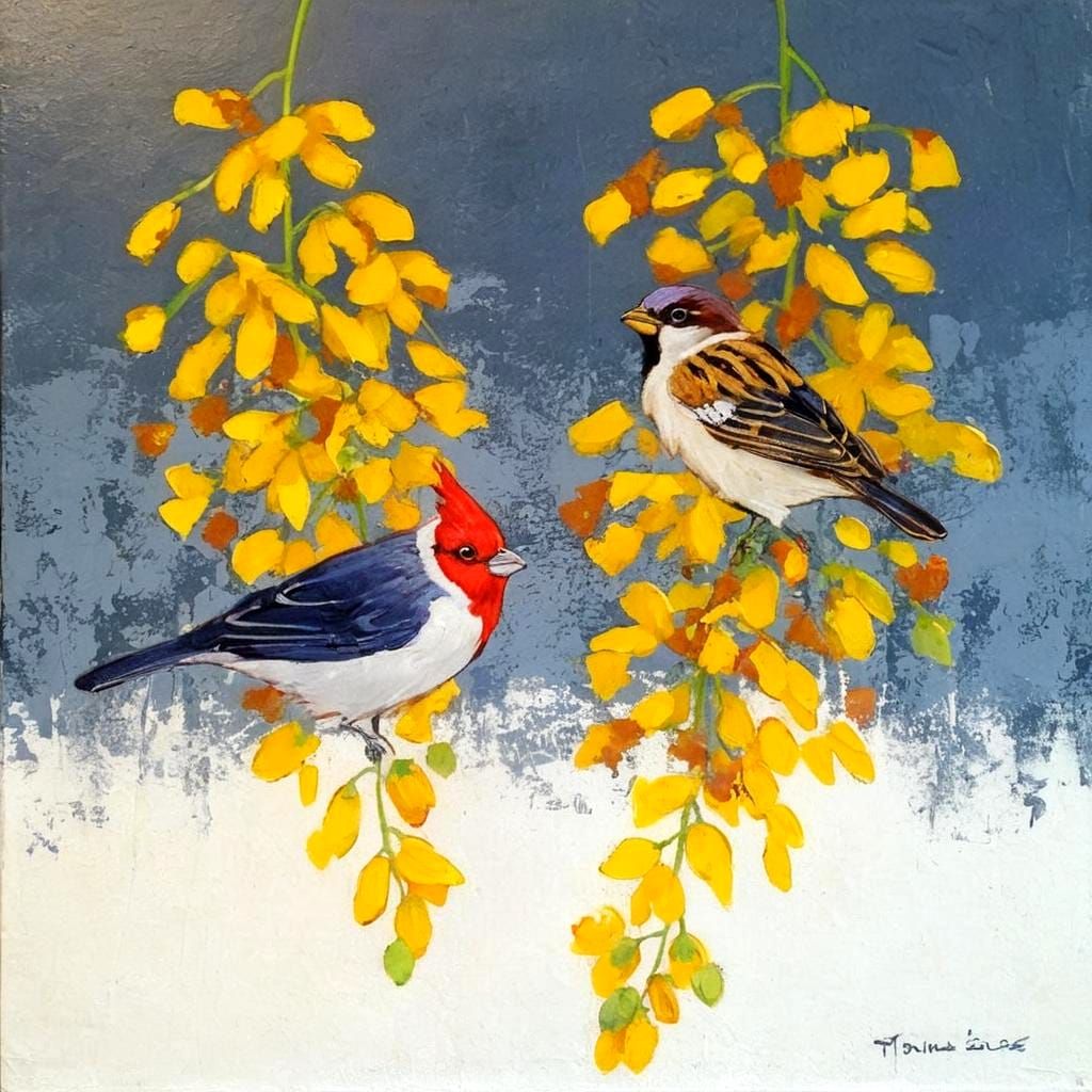 Tropical Birdlife Perched on Vibrant Cassia Flowers