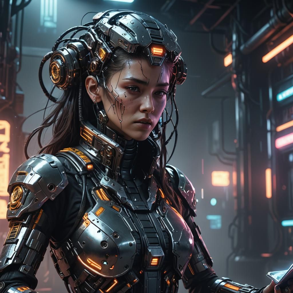 Cyberpunk Woman's Soul Duplication in Sci-Fi Illustration