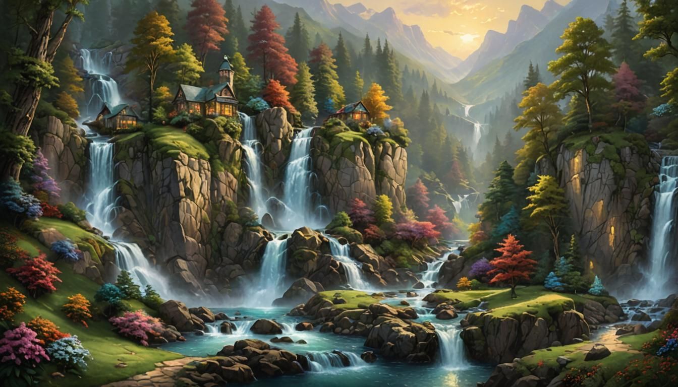 Ethereal Waterfall Landscape in Photorealistic Style