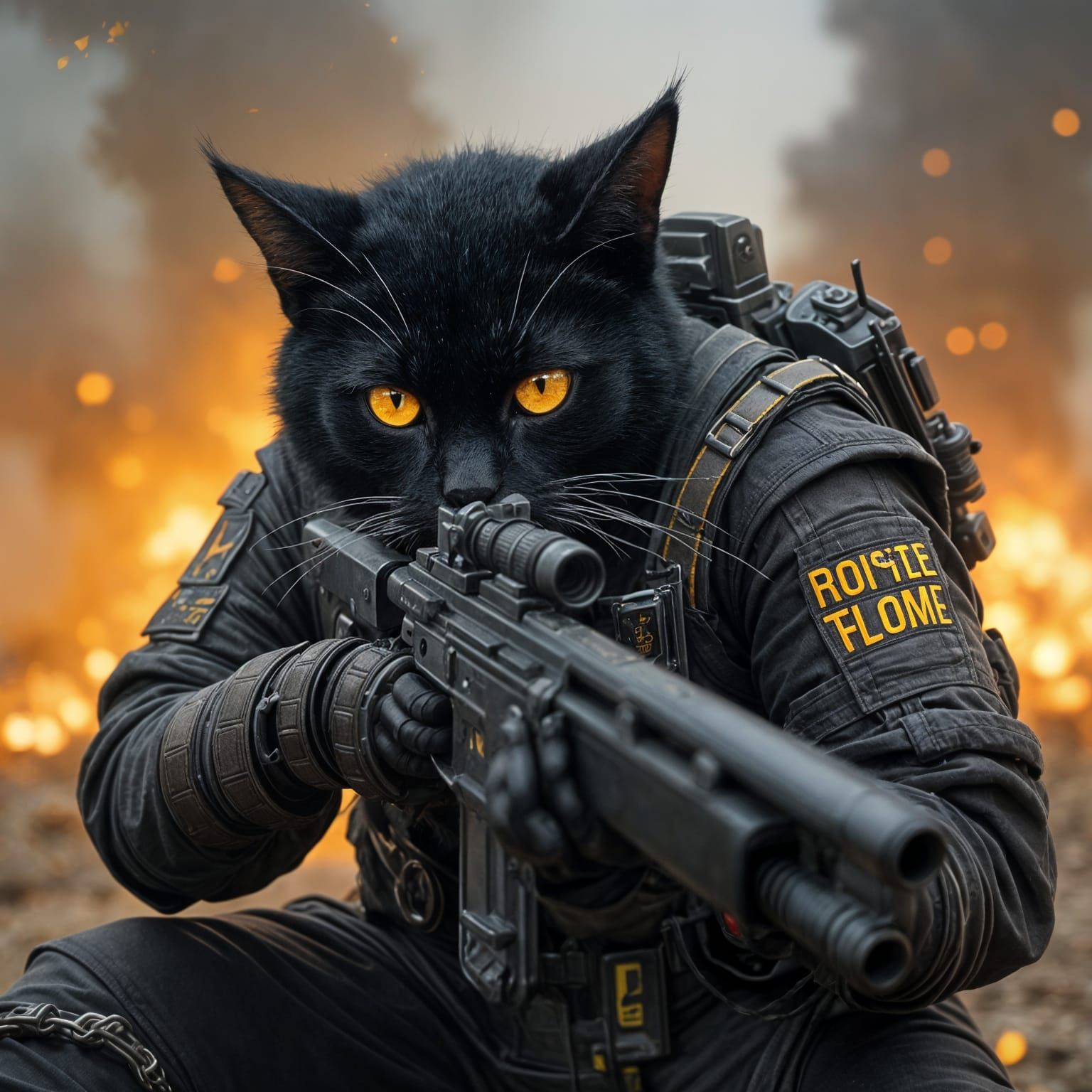 Cyborg Cat Sharpshooter on Tank Amidst Explosion