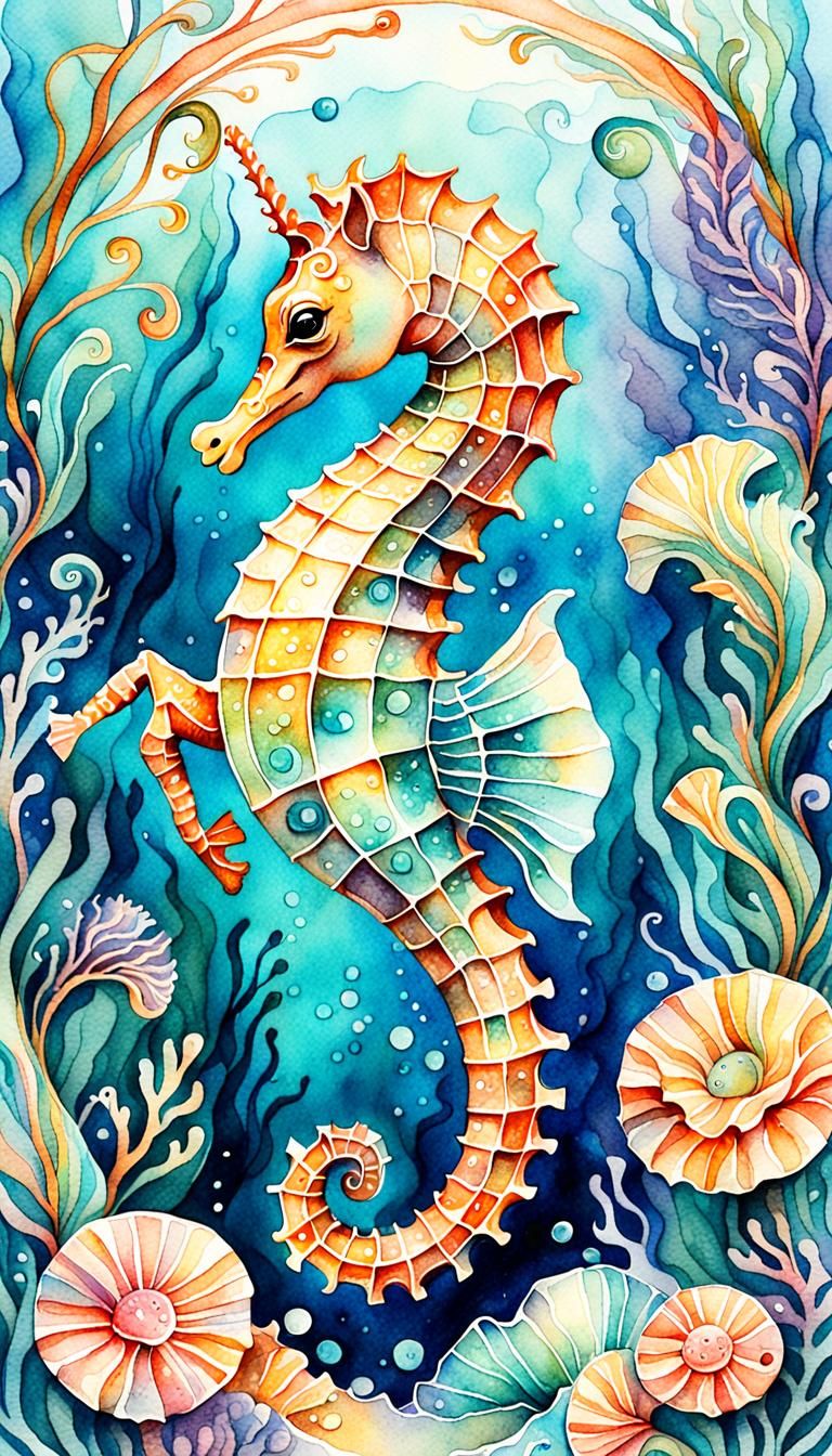 Joyful Seahorse in Watercolor Frame