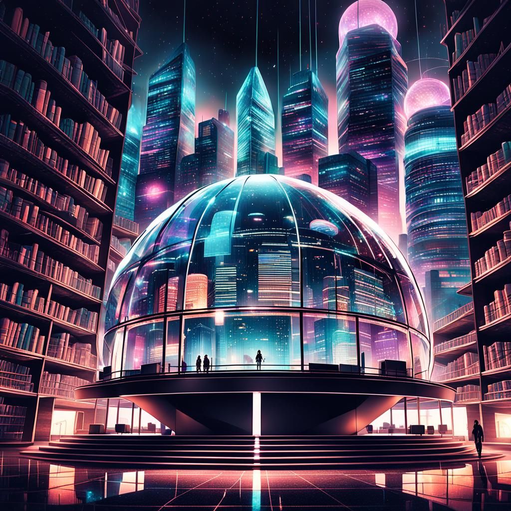 Futuristic Library with Dome in Surreal Digital Art