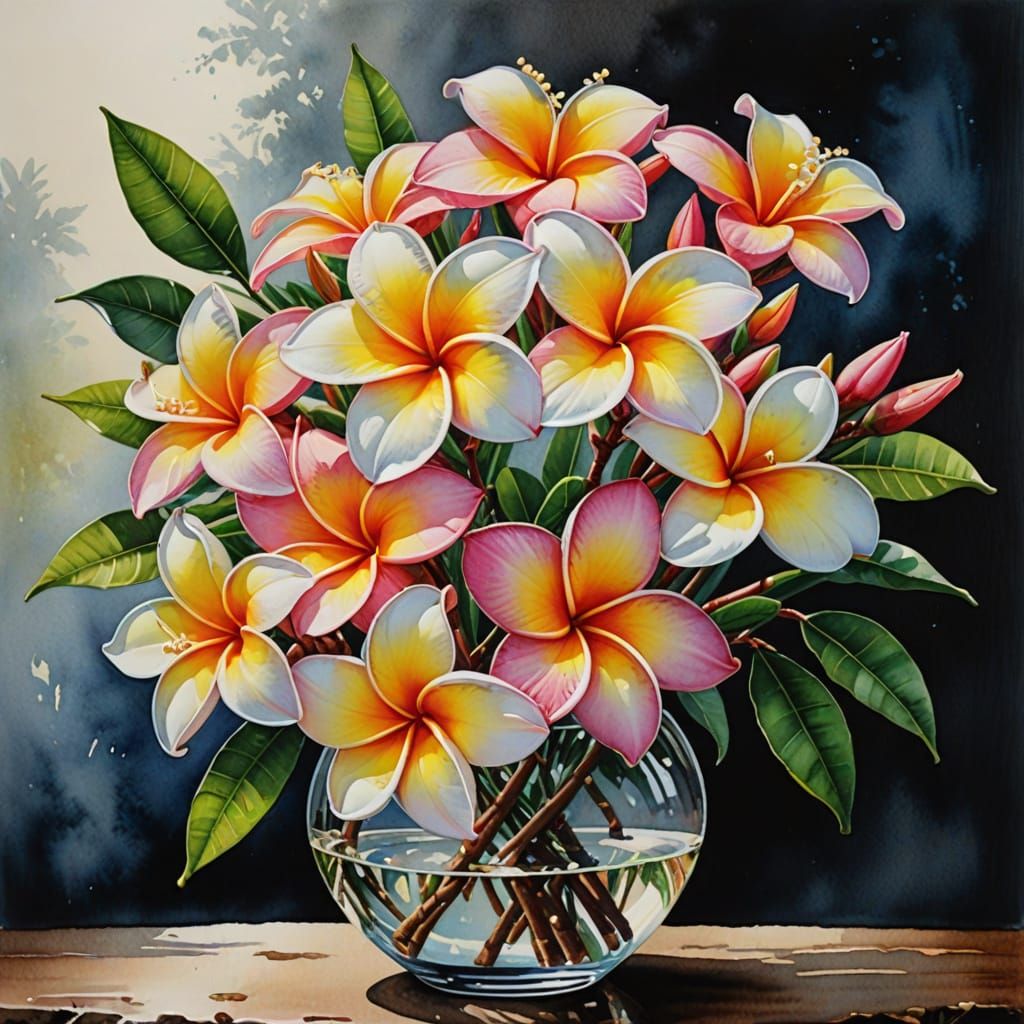Hyperrealistic Plumeria Vase in Romantic Watercolor Style