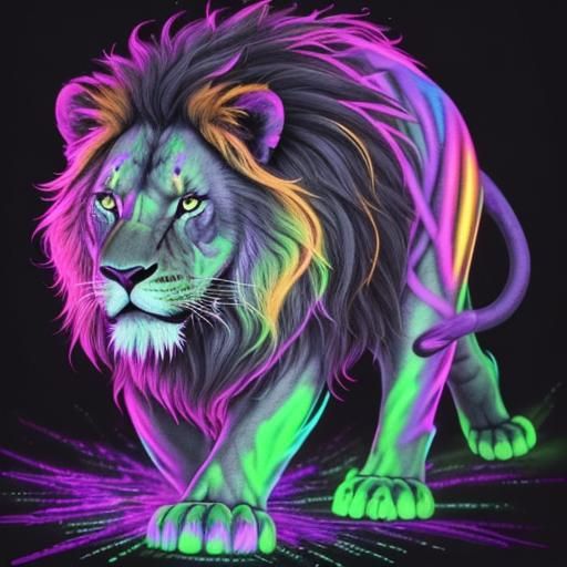 Glowing Lion in Fluorescent Blacklight Art, UHD