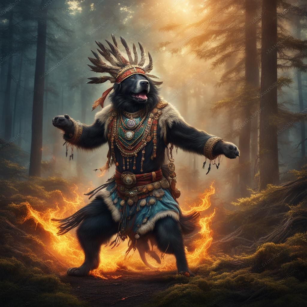 Dog Shaman Dancing by Bonfire: Digital Matte Painting
