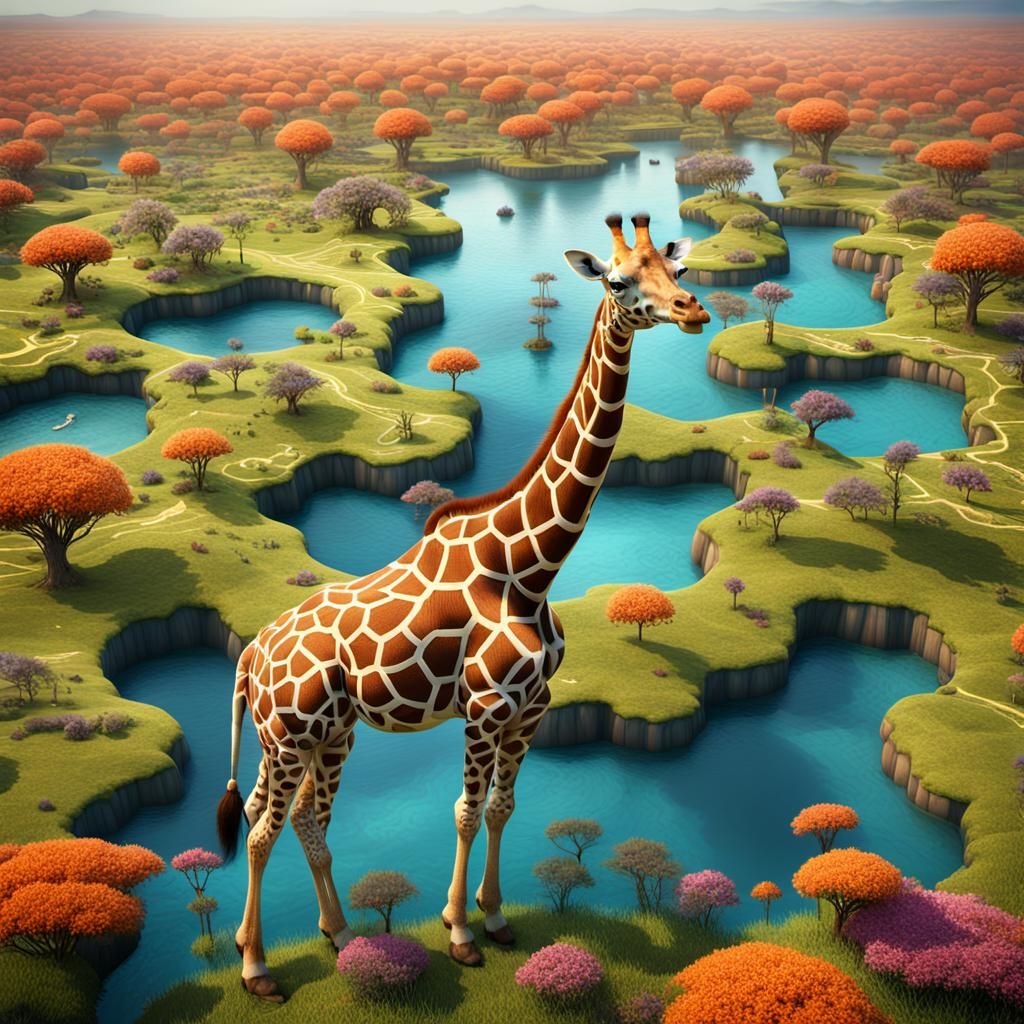 Kaleidoscope Giraffe Grazing on Floating Islands
