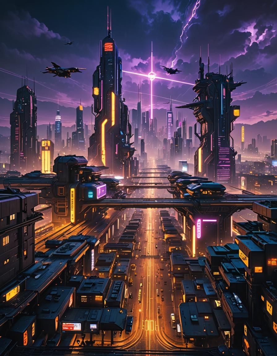 Cyberpunk Cityscape at Night with Flying Vehicles