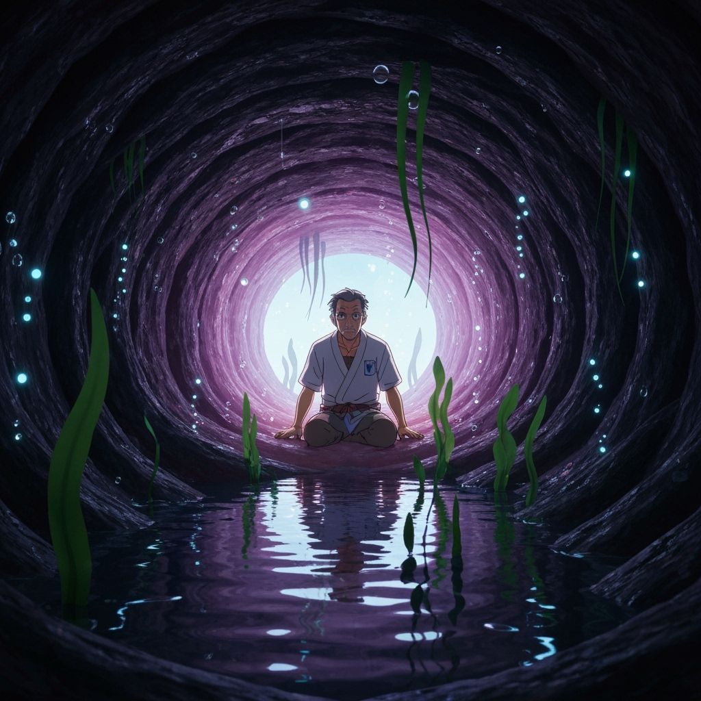 Man in Ancient Clothing Inside Giant Fish Belly