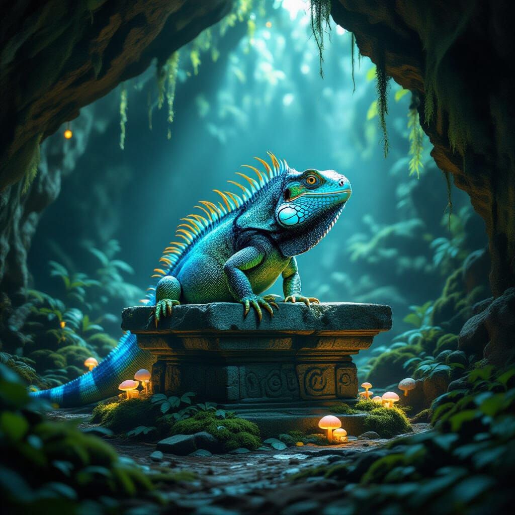 Bioluminescent Iguana on Jungle Altar in Cinematic Style