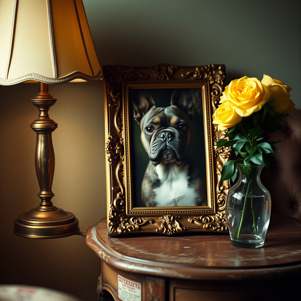 French Bulldog Portrait in Gilded Frame, Hyperrealistic
