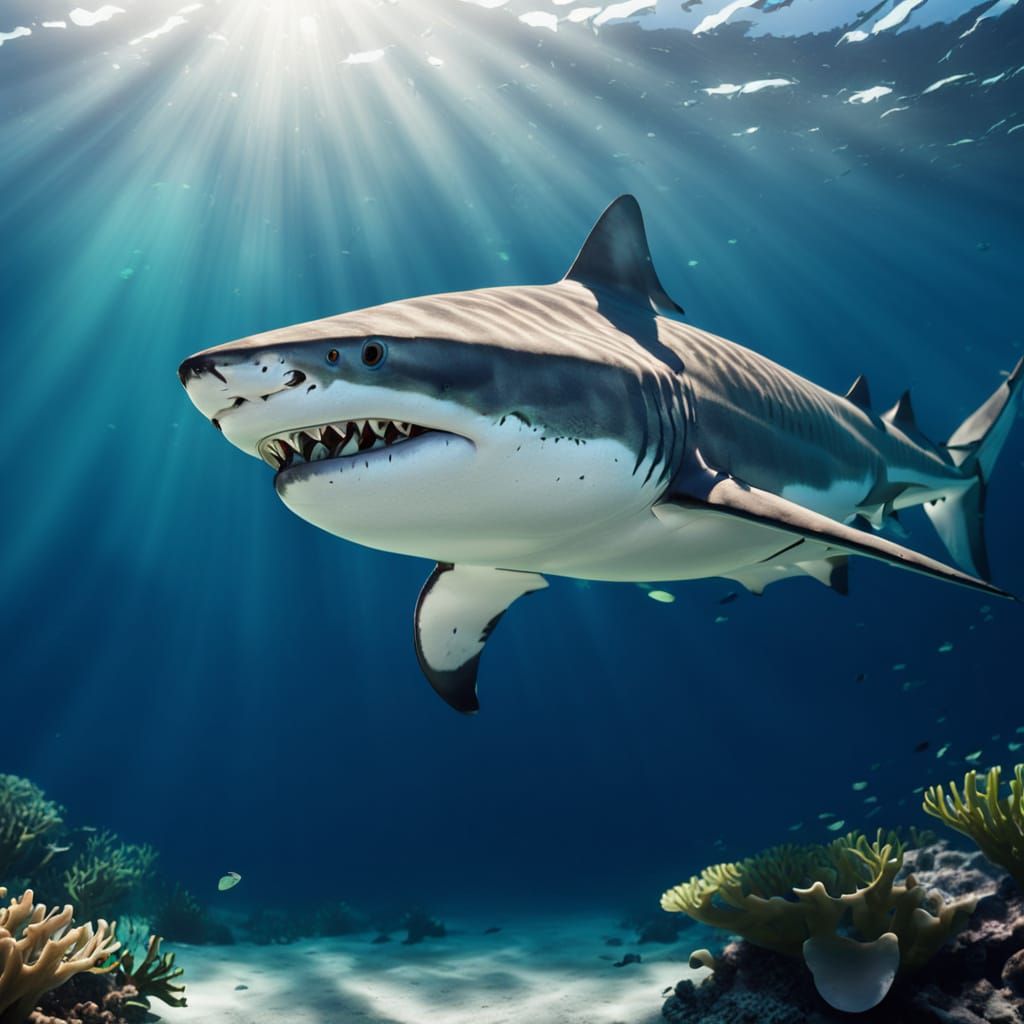 Tiger Shark Swims in Deep Blue Ocean Underwater