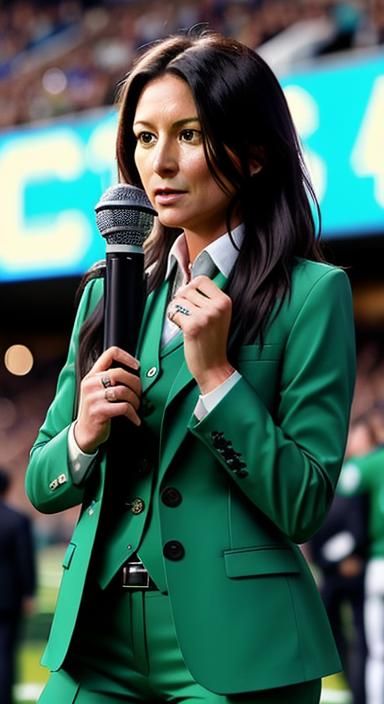 Female Sideline Reporter in Green Suit