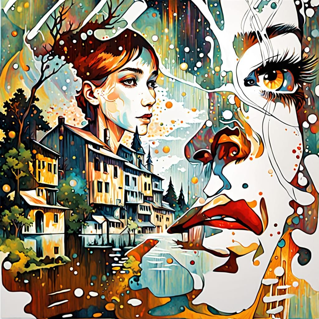 Cosmic Galaxy Drips into Cityscape Silhouette in Double Expo...