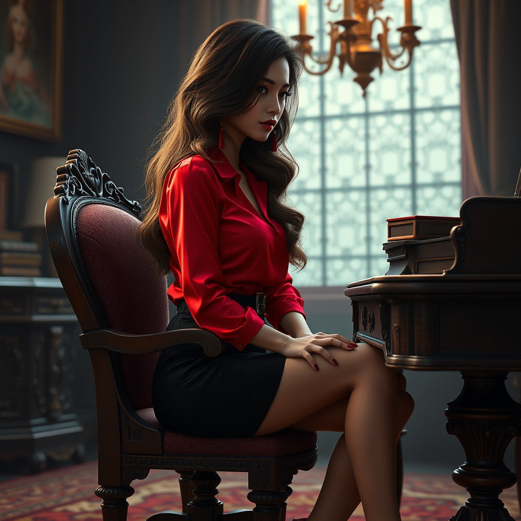 Brunette in Red Blouse: Ornate Matte Painting