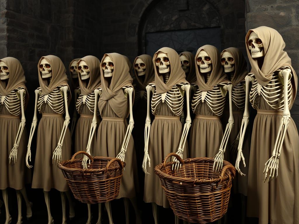 Feminine Skeletons in Beige Dresses and Veils Stand Before E...