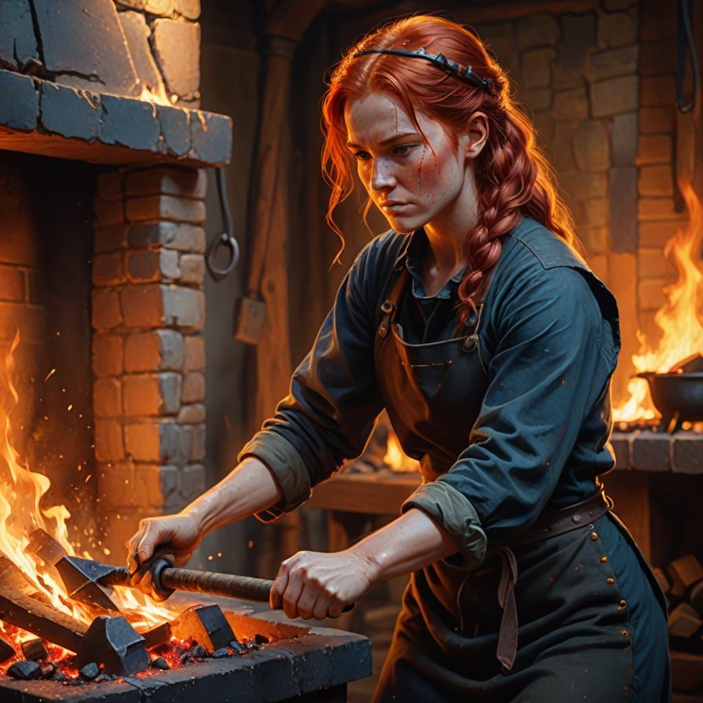 Red Haired Blacksmith Hammers Hot Iron in Vibrant Oil Painti...
