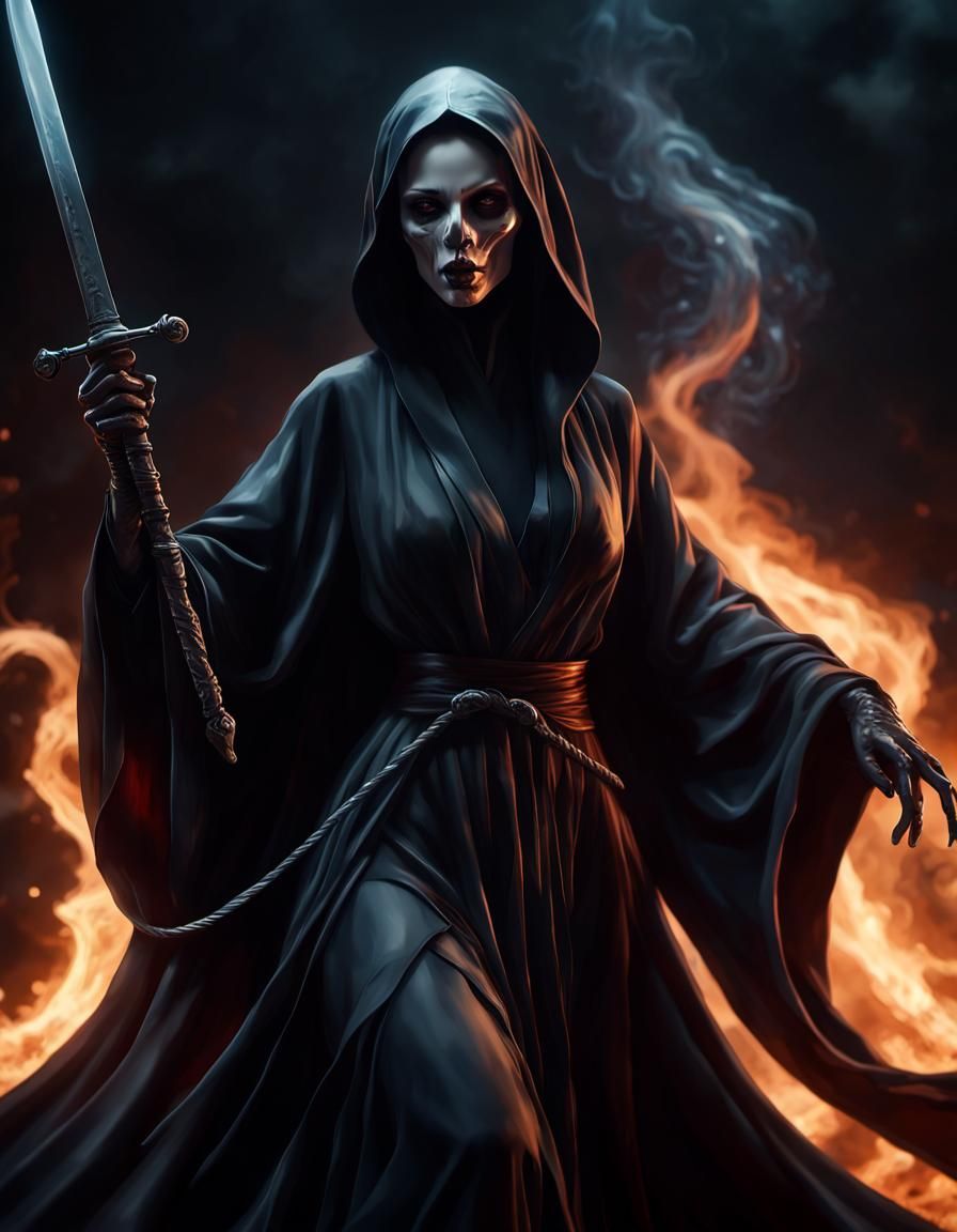 Ghost Reaper with Sword in Burning City