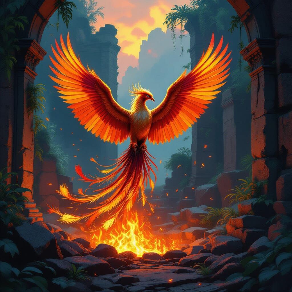 Majestic Phoenix Rises from Embers in Fantasy Ruins
