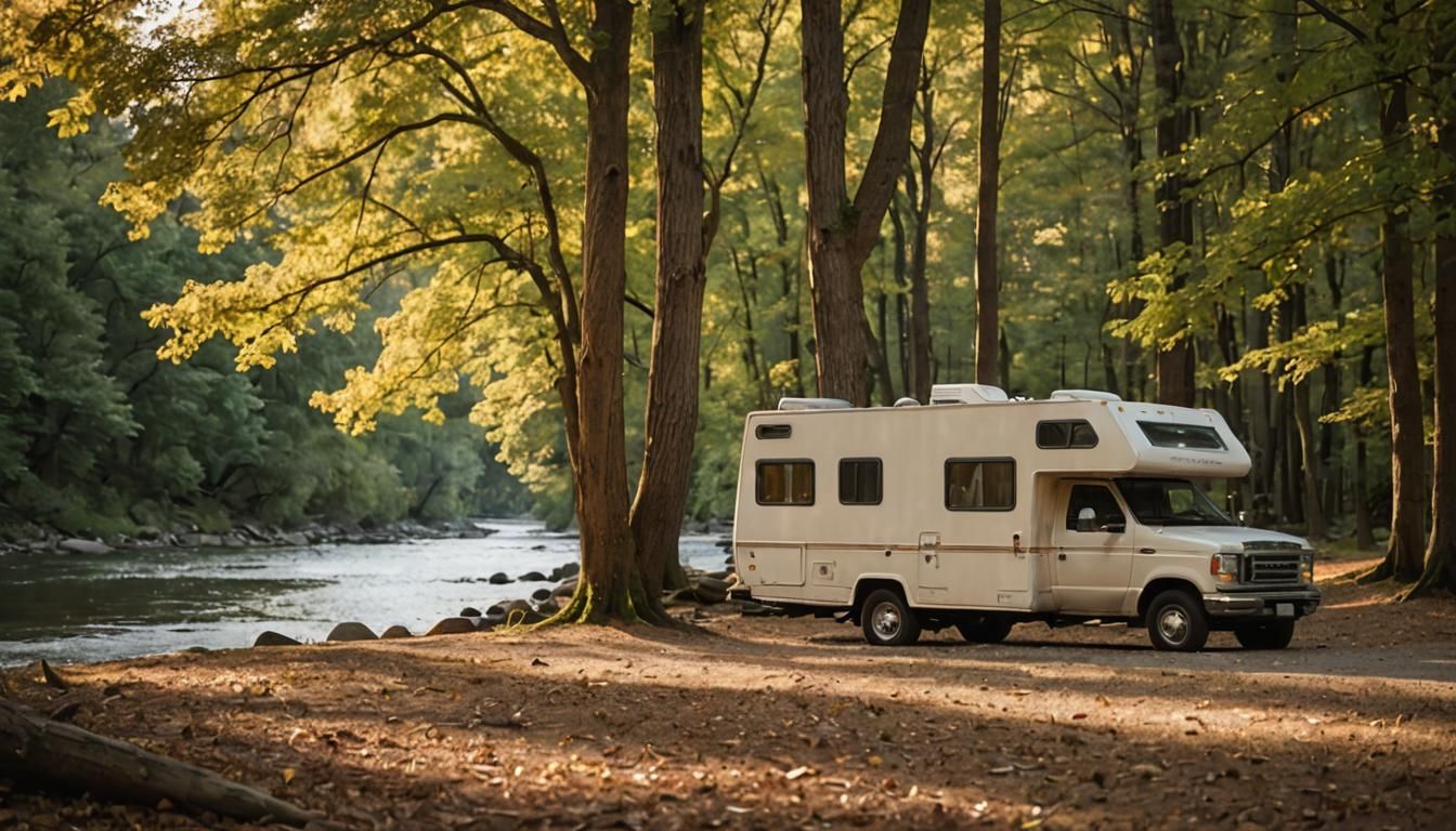 Serene River Camping with Ford Camper in Warm Sunlight