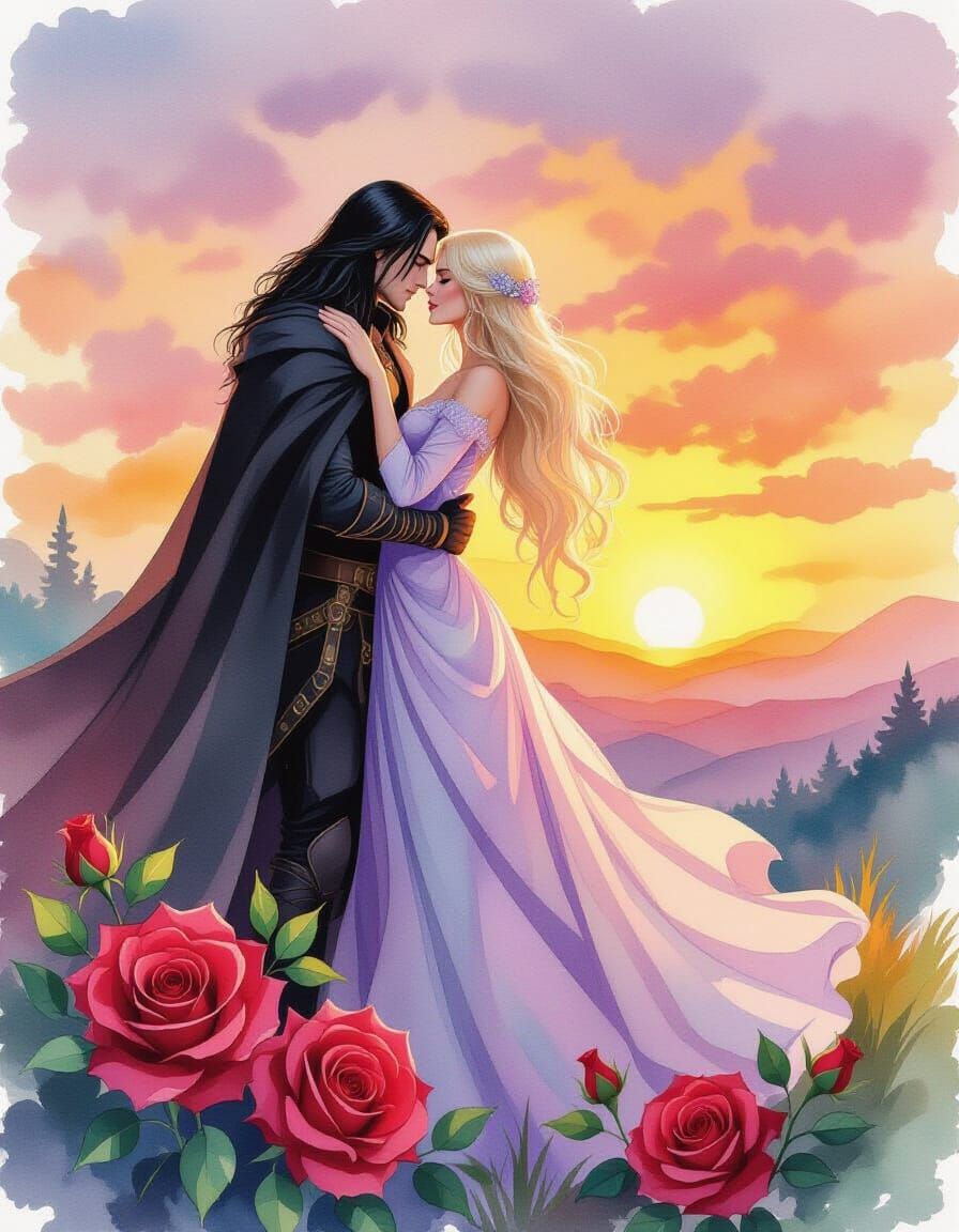 Dark Assassin and Luminous Woman Embrace at Sunset