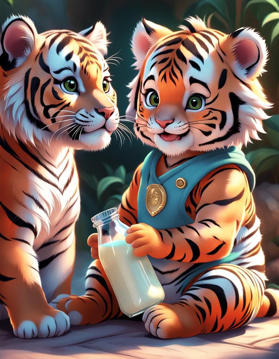 Toddler and Baby Tiger in Vibrant Anime Style