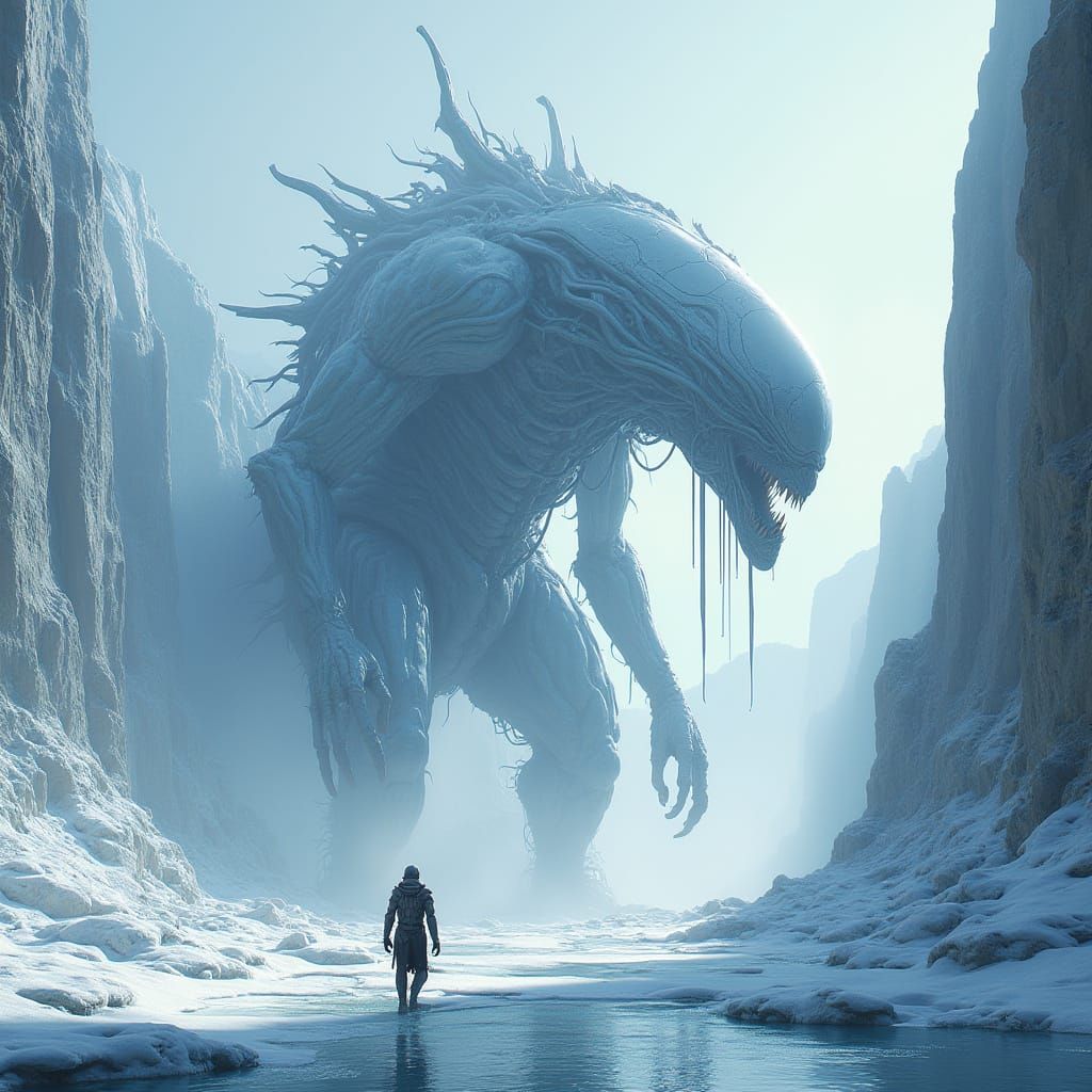 Colossal Biomechanical Alien in Frozen Canyon