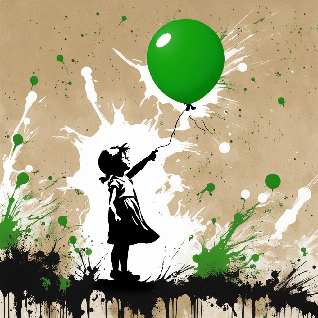 Banksy Girl with Balloon Planet in Tachisme Style