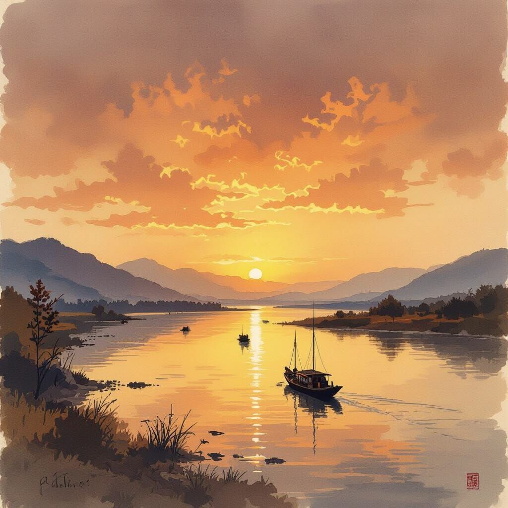 Yangtze River Autumn Sky Sketch with Watercolor Washes