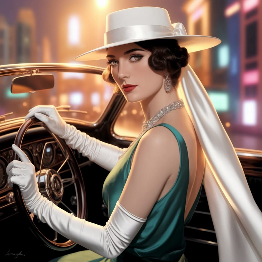 Elegant Woman Drives Luxurious Car in Art Deco Style
