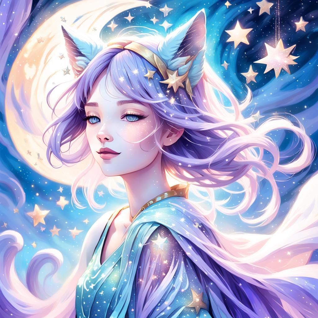 Celestial Cat-Eared Girl Dancing in the Stars
