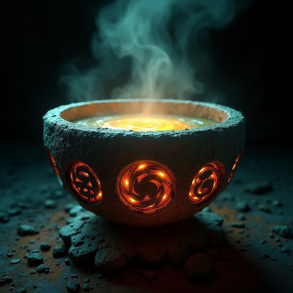 Golden Soup Vortex in Ancient Stone Bowl