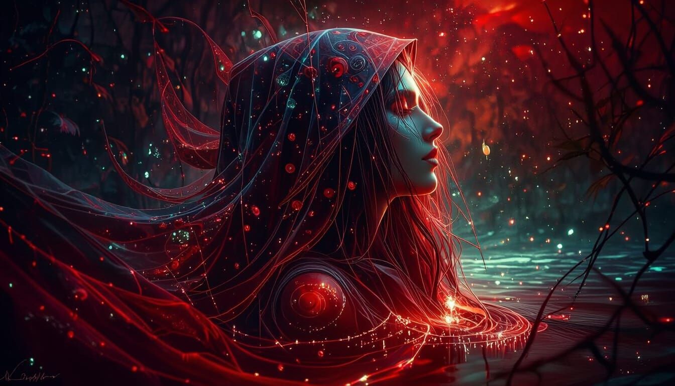 Dark Fantasy Swamp Woman Under Crimson Sky