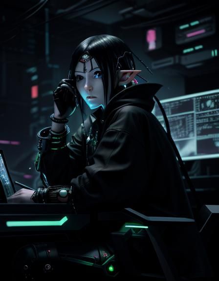 Cyberpunk Elf Amidst Futuristic Alchemy and Stars