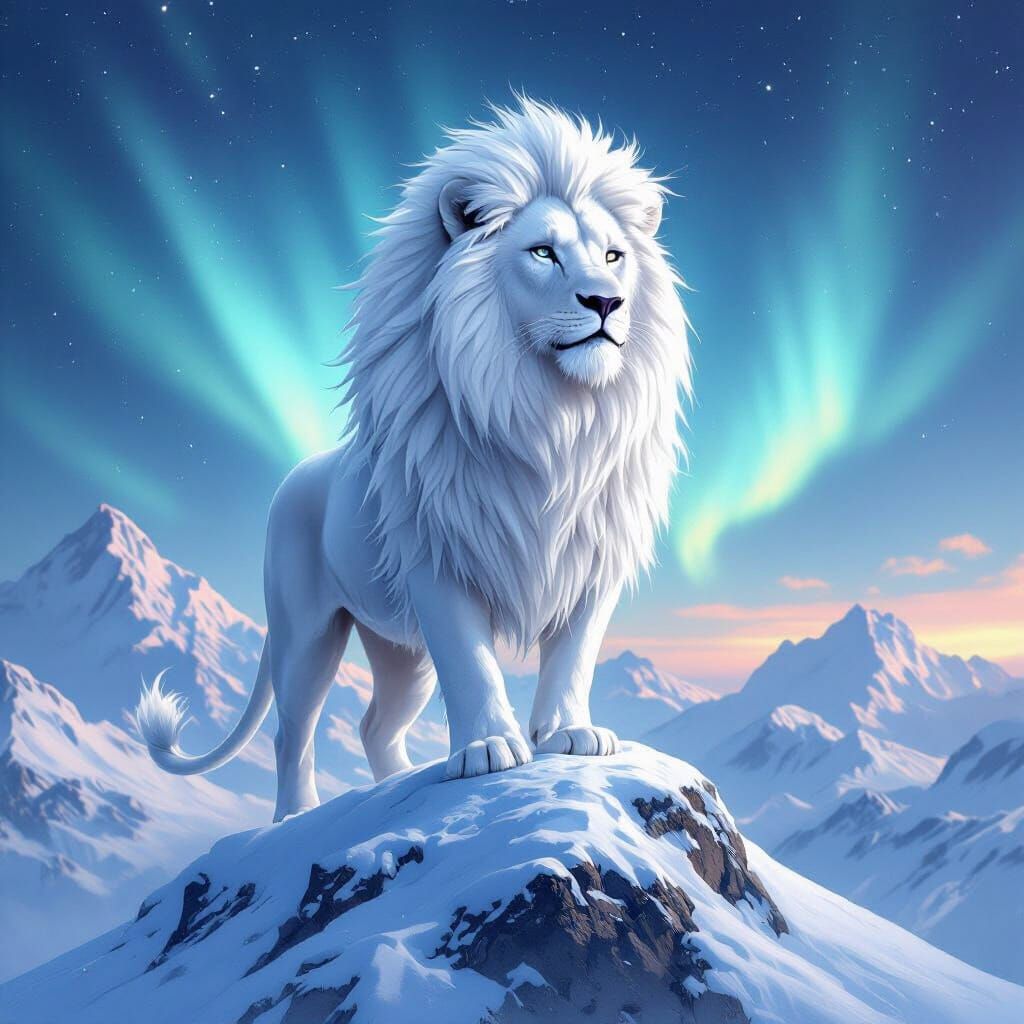 Majestic White Lion on Snowy Peak: Fantasy Art