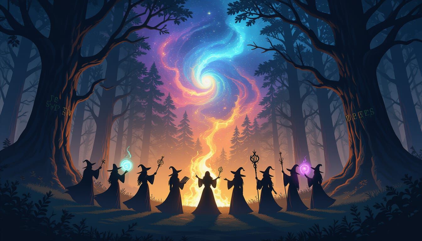 Witches Coven in Magical Forest Under Full Moon