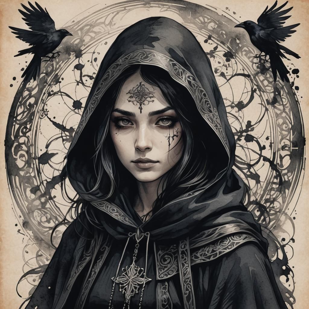 Mystical Woman in Ink Drawing with Raven Inspiration