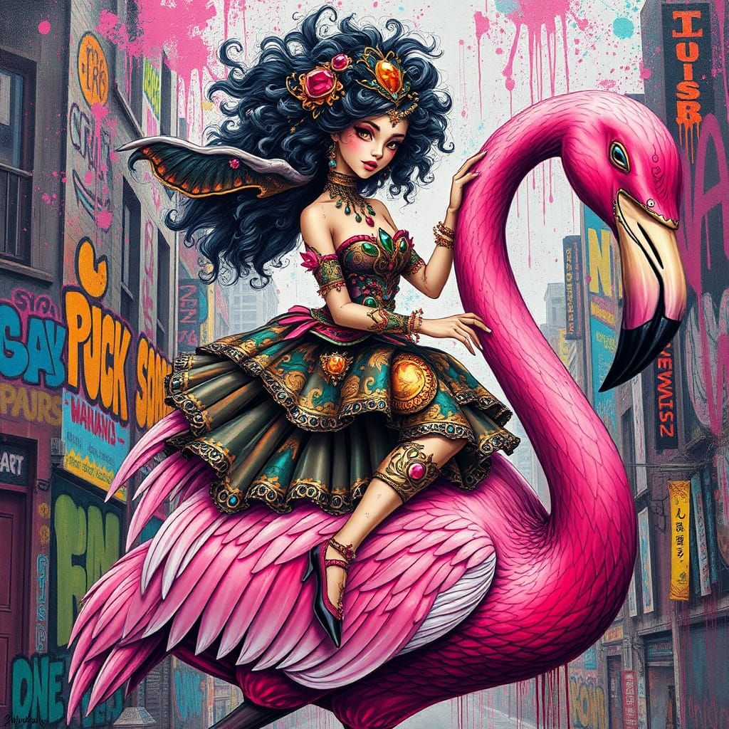 Fantasy Girl Rides Flamingo in Graffiti Cityscape