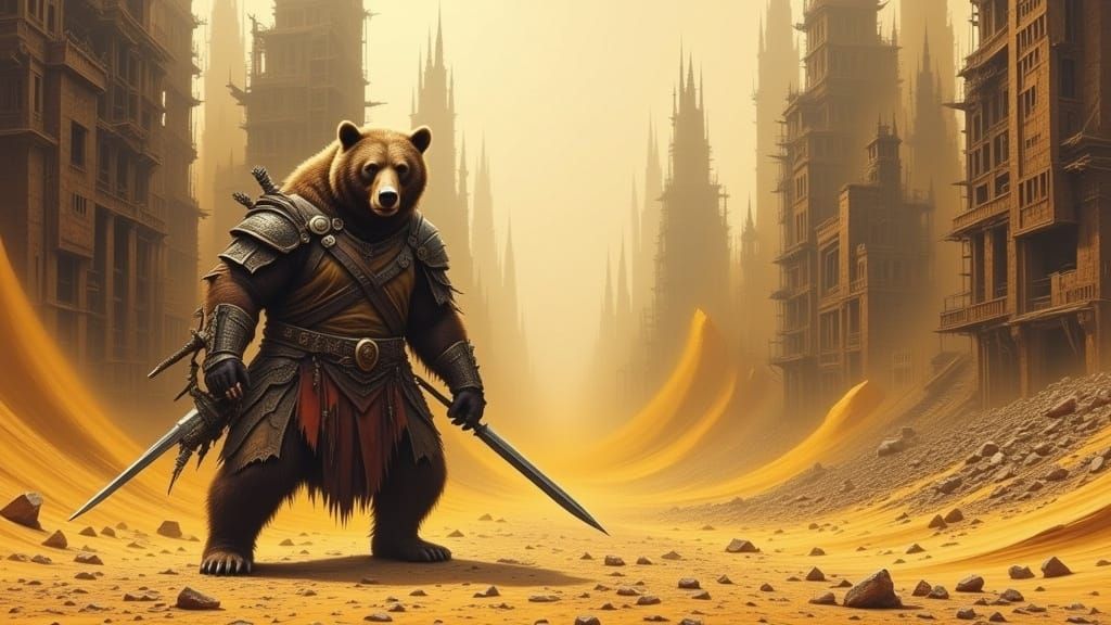 Dystopian Bear Warrior in Crumbling Cityscape