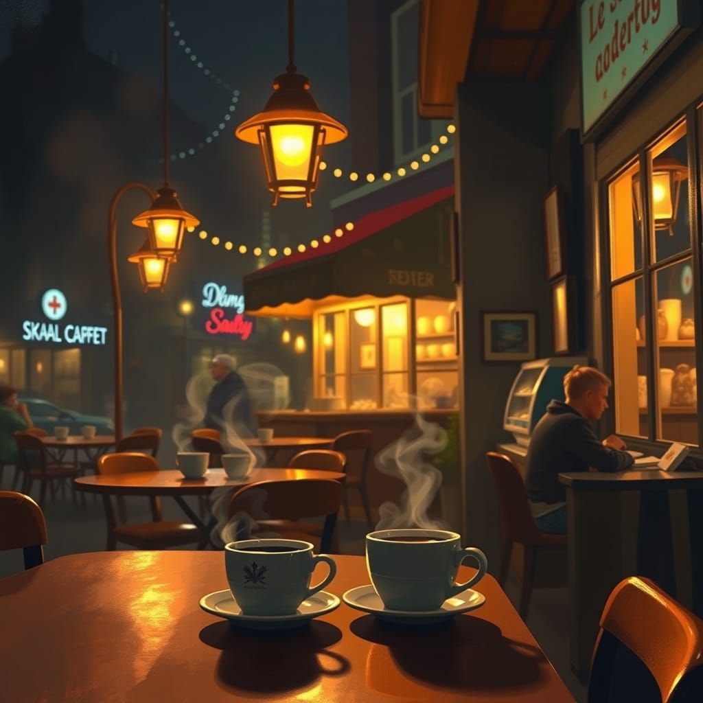 Cozy Night Cafe Scene in Impressionist Style