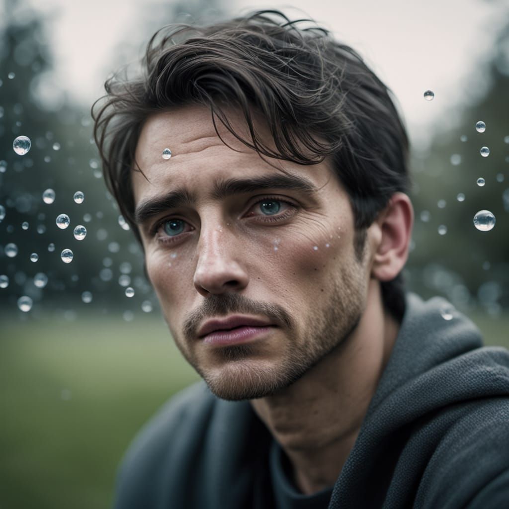 Man's Contemplative Portrait with Tears Containing Miniature...