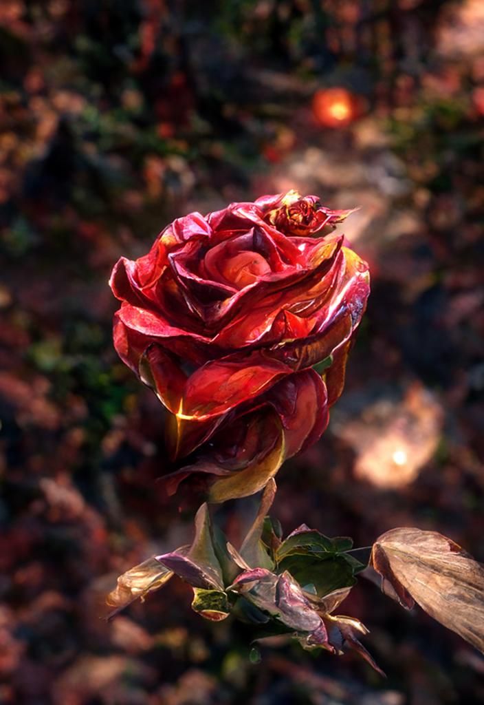 Bleeding Rose with Golden Leaves in Digital Art
