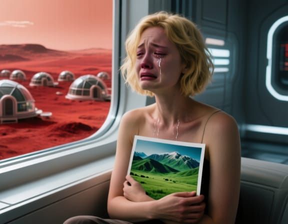 Woman Crying by Window Overlooking Mars
